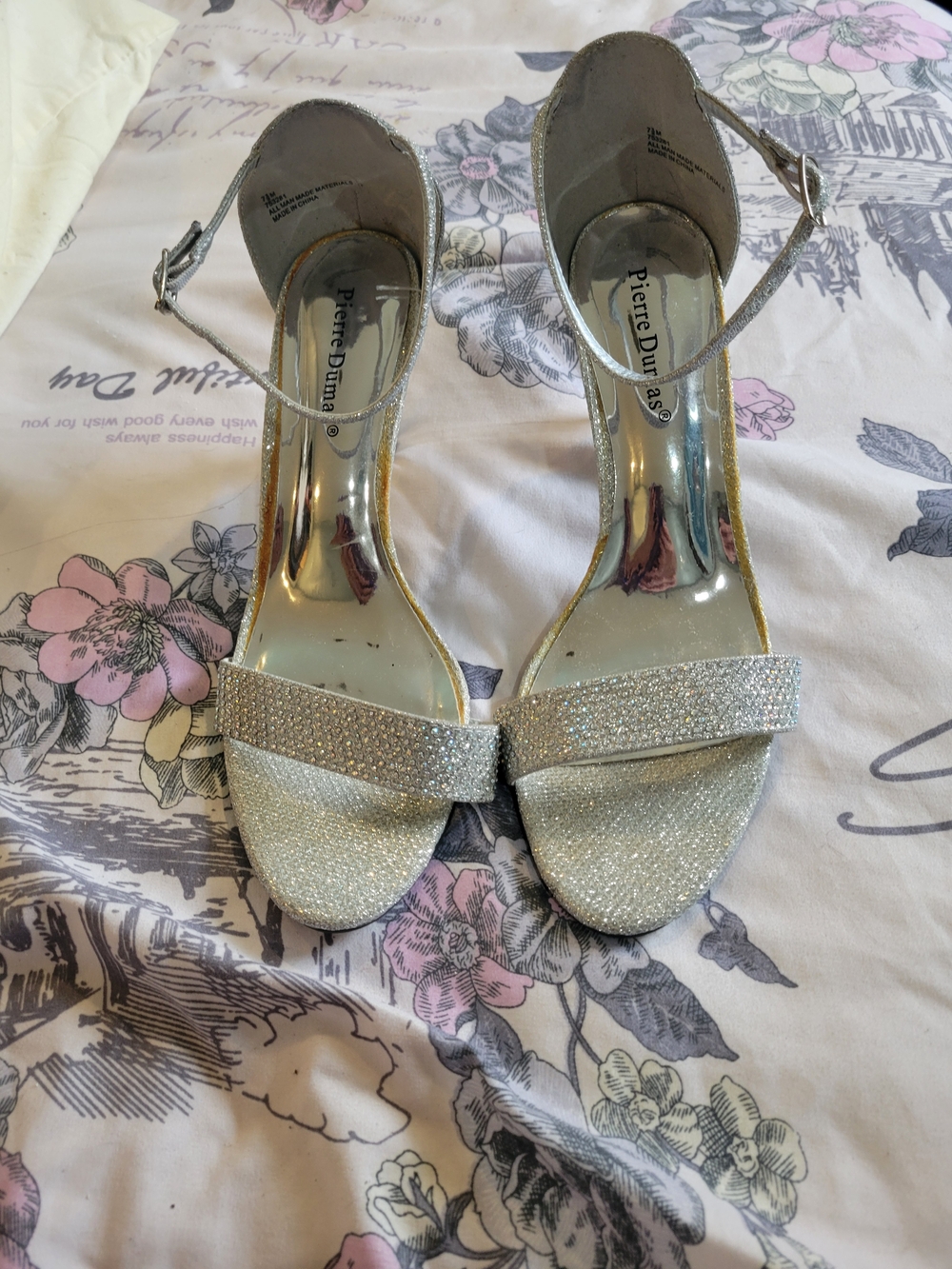 Pierre Dumas Silver Glitter Open-Toe Ankle-Strap Heels
